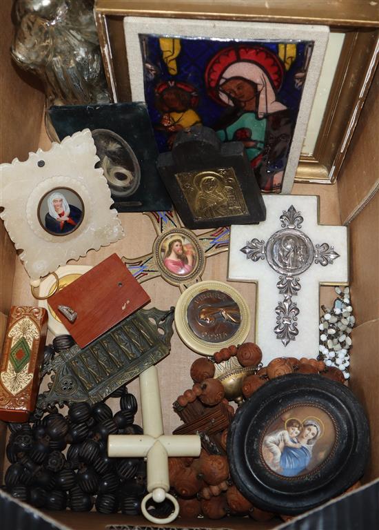 A Limoges enamel icon, a crucifix etc